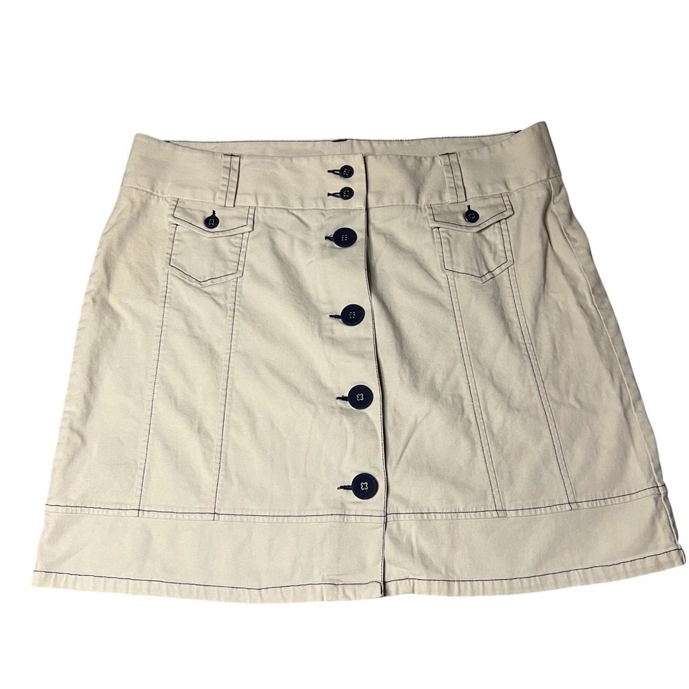 LL Bean Khaki Tan Canvas Button Front Mini Skirt Navy Contrast Stitching 16 Reg